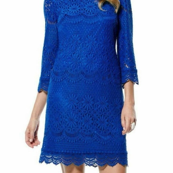 LAUNDRY|SHELLI SEGAL Blue Crochet Lace 3/4 Sleeve Shift Party Dress Size 4 - Picture 1 of 7